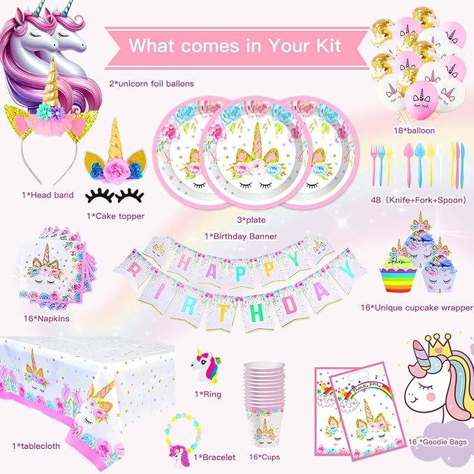 Unicorn Birthday Party Supplies - Best Value Unicorn Birthday Decorations Set with Plates, Cups, Napkins, and Cutlery for Party Themes, Perfect Party Decorations for Girls
