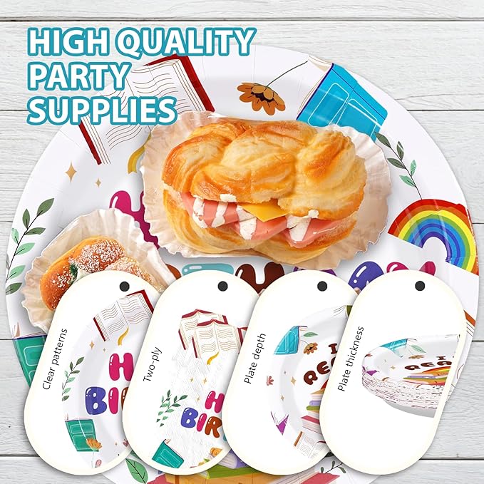 96Pcs Book Theme Birthday Party Supplies I Love Reading Plates and Napkins Library Reading Themed Tableware Set for Club Back to School Book-Themed Birthday Party Supplies，Serves 24