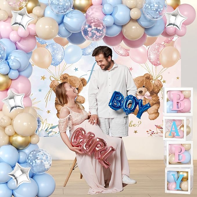 Bear Gender Reveal Balloon Boxes Decorations - 158pcs Pink Blue Balloon Garland Kit, 4pcs Baby Box With Letters, Backdrop for Baby Shower, Boy or Girl Party Supplies