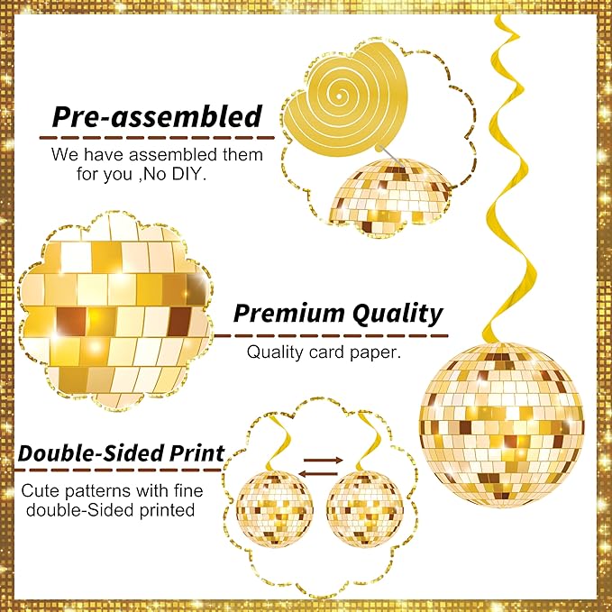 20Pcs Gold Disco Ball Hanging Swirls 70s Disco Birthday Party Decoration Gold Disco Ball Themed Swirl Ceiling Hanging Streamers for 70s 80s New Year Party Decoration Disco Fever Supplies(Paper)