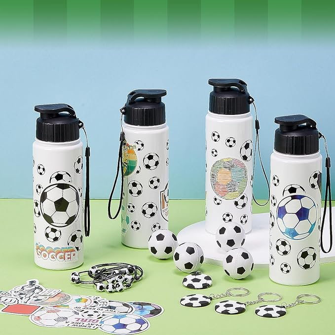 LemonRoad 164 Pcs Sports Party Favors Set 16 Plastic Cups 16 Charm Bracelets 16 Keychains 16 Mini Foam Stress Balls 100 Stickers for Sports Party Supplies(Soccer)