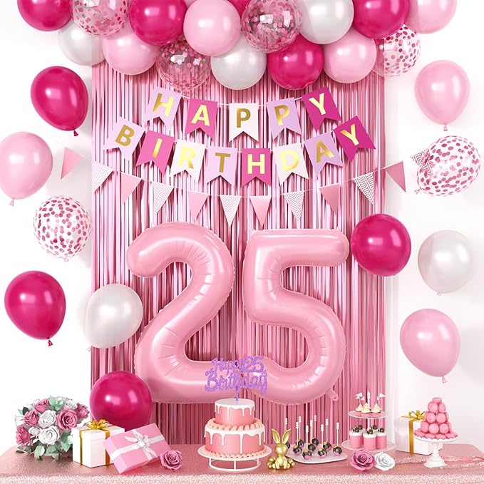 25th Birthday Decorations For Women, Pink Happy Birthday Party Decorations With Number 25 Balloons Pink Confetti Hot Pink Balloons Fringe Curtain Banner Cake Topper For 25th Party Supplies