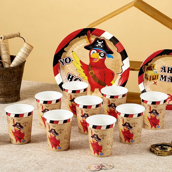WERNNSAI Pirate Birthday Decorations - 64 PCS Pirate Plates Napkins and Cups Parrot Party Decorations Treasure Party Favors for Kids Birthday Treasure Theme Supplies Serves 16 Guests