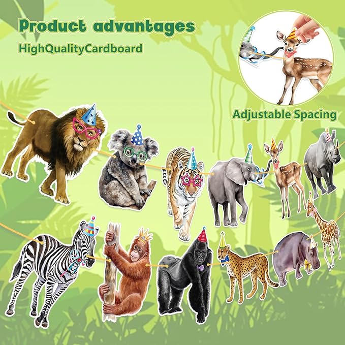 Safari Animals Happy Birthday Banner Jungle Theme Decor Party Decorations Party Supplies Birthday Decor Decorations for Women Men Baby Showre Zoo Garland