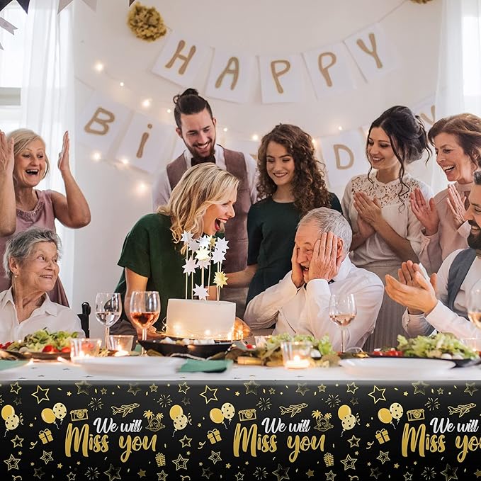 Tatuo 3 Pieces We Will Miss You Tablecloth Going Away Party Decorations Retirement Themed Table Cover Stars Disposable Plastic Table Cloth for Farewell Anniversary Party Supplies (Gold)