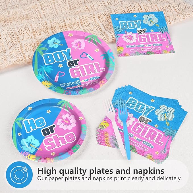 96Pcs Hawaiian Party Decorations Hawaii Tropical Cartoon Plates and Napkins Sets Blue and Pink Hawaiian Aloha Decorations for Boy or Girl He or She Gender Reveal Baby Shower Party Supplies Serves 24