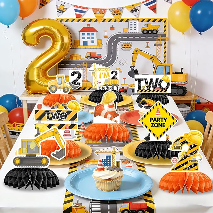 9 Pcs Construction 2nd Birthday Party Decorations Excavator I'm 2 and Digging It Honeycomb Centerpieces Table Toppers for Kids Boys Truck Themd 2 Years Old Birthday Party Supplies Table Decoration