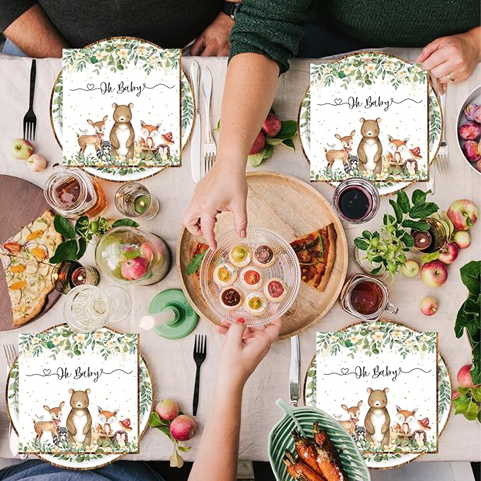 72PCS Woodland Baby Shower Plates and Napkins, Forest Animal Paper Plates and Napkins with Forks Disposable Tableware Set for Boys Girls Safari Jungle Animal Birthday Party Decorations