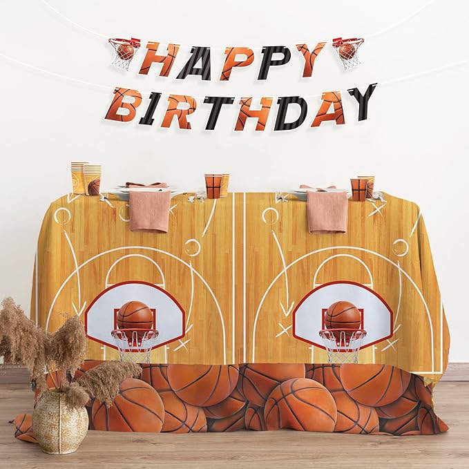 Basketball Party Supplies Set: Basketball Party Decorations & Party Favors, Includes 2-Pack Basketball -Themed Tablecloths for Kids 1st Birthday, Basketball Disposable Table Covers 54 x 108 Inch