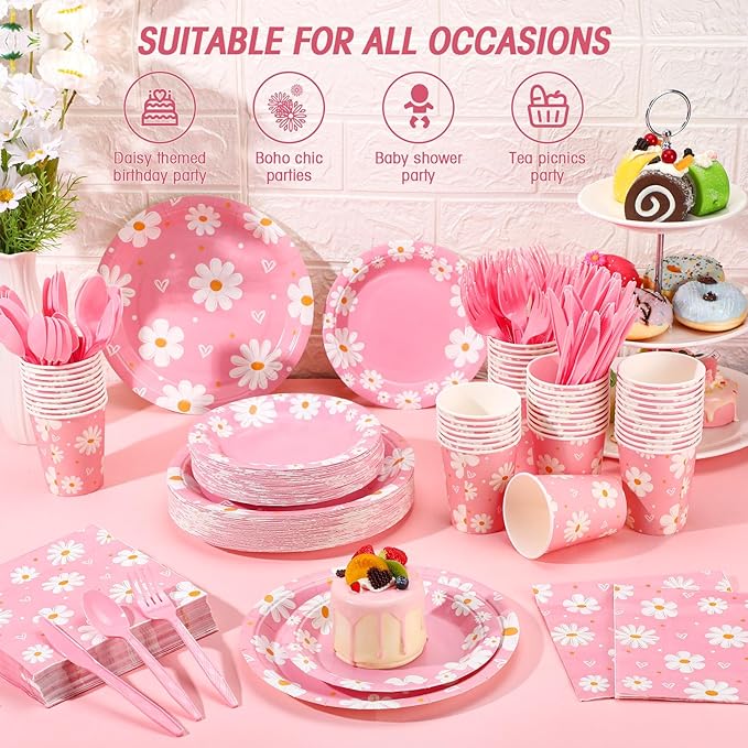 350 Pcs Daisy Party Supplies Tableware Set Disposable 9'' 7'' Paper Plates 9 oz Cups Cutlery Napkins Dinnerware Set for 1st Birthday, Serve 50 (Daisy Birthday, White, Pink)