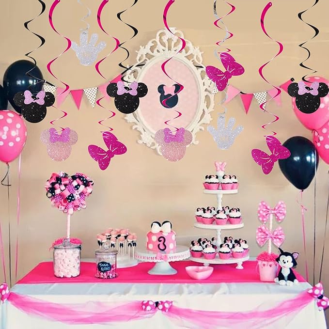 BEISHIDA 16 Pcs Mouse Hanging Swirl Decorations, Pre-Strung Mouse Birthday Party Decorations Pink and Black Mouse Theme Party Supplies for Kids