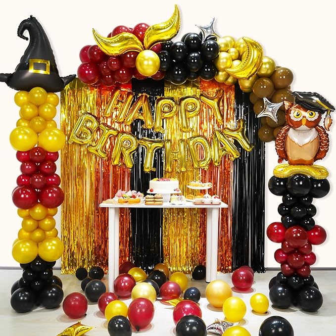 Magical Wizard School Theme Birthday Party Decorations Supplies, Burgundy Black Gold Balloon Garland Arch Kit Birthday Banner Kit for Boys Girls Baby Shower-247 Pcs