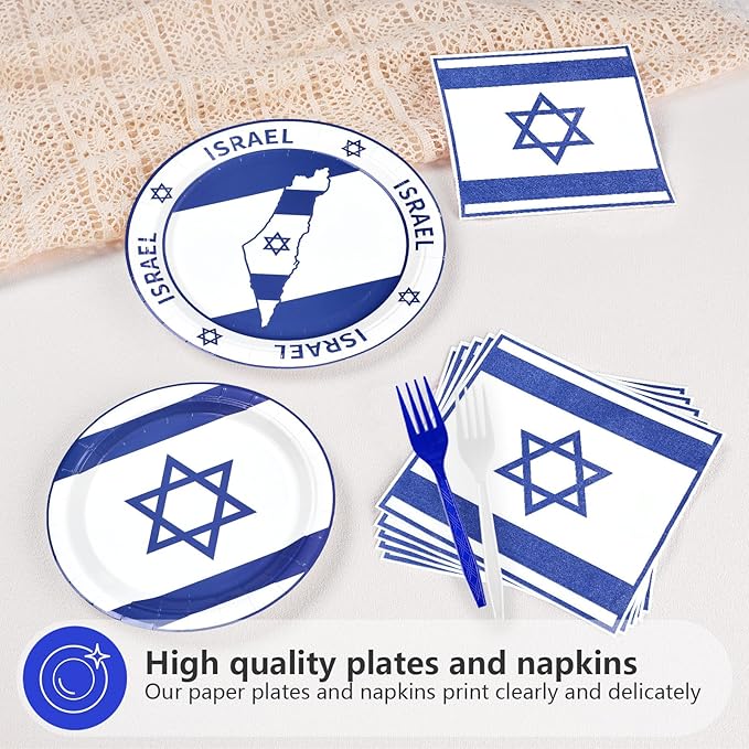 96Pcs Israel Flag Party Supplies Israeli Flag Plates and Napkins Blue and White jewish Flags Tableware Set for Israeli Independence Day Jewish Patriotic Holiday Party Supplies，Serves 24