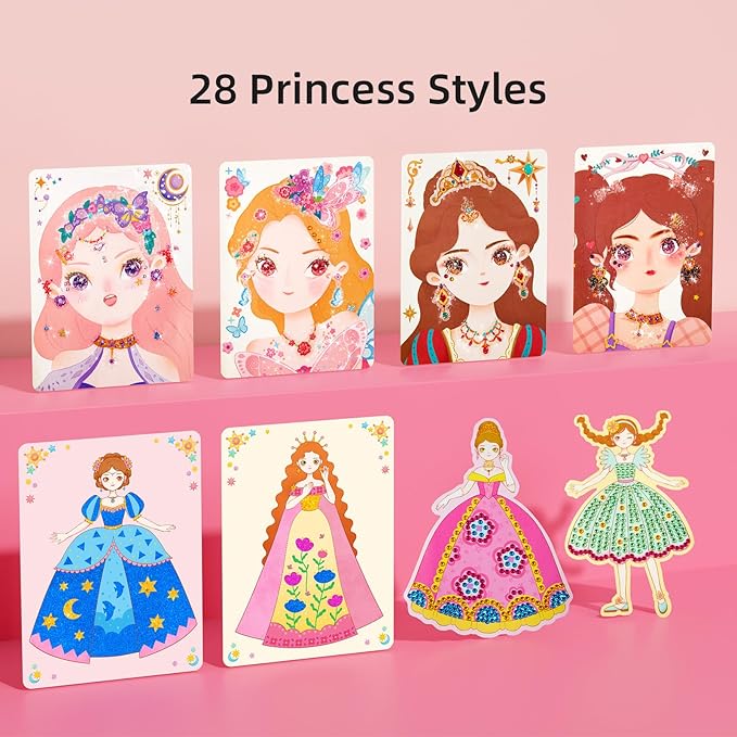 MiDeer 4-in-1 Dress Up Games Set, Princess Art Craft Kits with Makeup Books, Stickers & Diamond Painting, Mess-Free Safe DIY Art Activity, Travel Toys, Ideal Birthday for Girls 4-8+