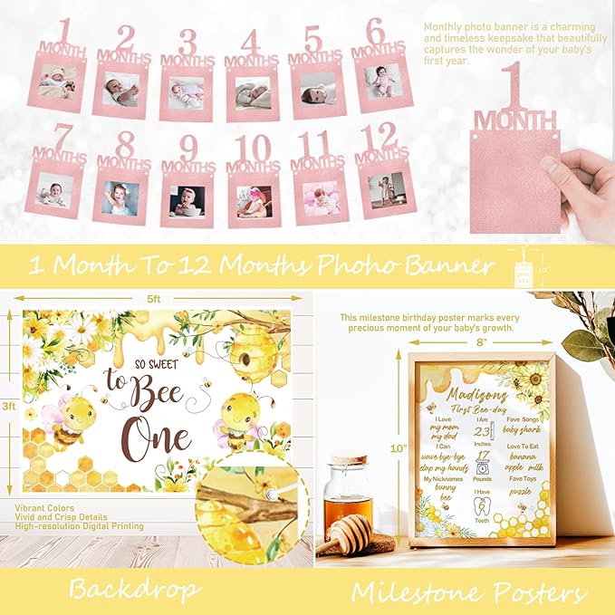 First Bee Day Decorations Girl – 108PCs Honey Bee Themed 1st Birthday Party Supplies with So Sweet to Bee One Backdrop, Banner, Pink Yellow Balloon Garland Kit, Tablecloth