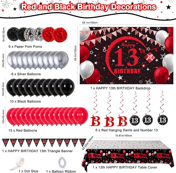 13th Birthday Decorations for Boys Girls Red and Black, Happy 13th Birthday Backdrop Banner, 13th Teenager Birthday Balloons Triangle Flag Tablecloth, 13 Year Old Boy Girl Bday Party Supplies