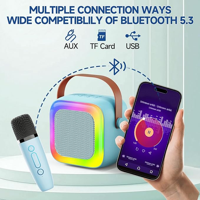 Mini Karaoke Machine for Kids Teen Adults, Kids Karaoke Machine with 2 Wireless Microphones and LED Lights Toys for Party, Home, Gifts for 4 5 6 7 8 9 10 11 12+ Years Girls Boys(Blue)