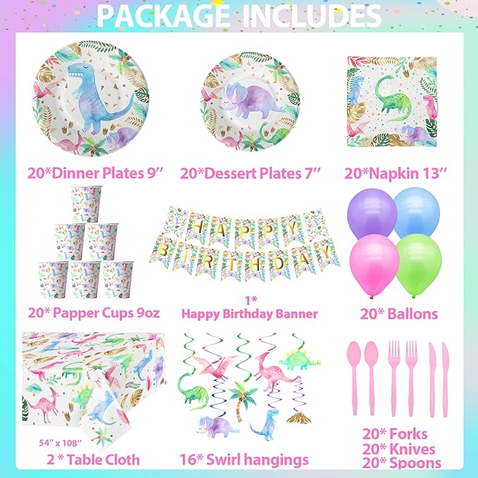 Dinosaur Birthday Party Supplies for Girls - Pink Dinosaur Party Decorations - Balloons Birthday Banner Plates Cups Napkins Tablecloth Tableware (Serves 20)