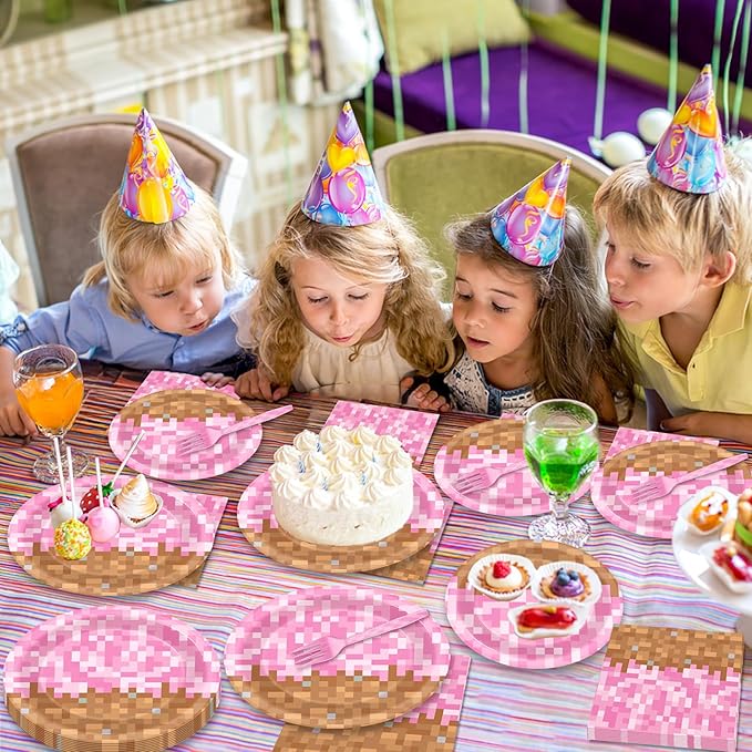 96Pcs Pixel Girl Birthday Plates and Napkins Mining Party Decorations Video Game Paper Tableware Set Pink Pixel Themed Disposable Dinnerware kit for Baby Shower Party Supplies Serve 24