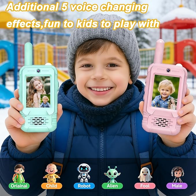 2 Pack Rechargeable Video Walkie Talkies for Kids - Long Range 2-Way Radios with Built-in Torch Light, Belt-Clip Design, Video Intercom & Voice Effects, Gifts & Toys for 3-12 Boys Girls