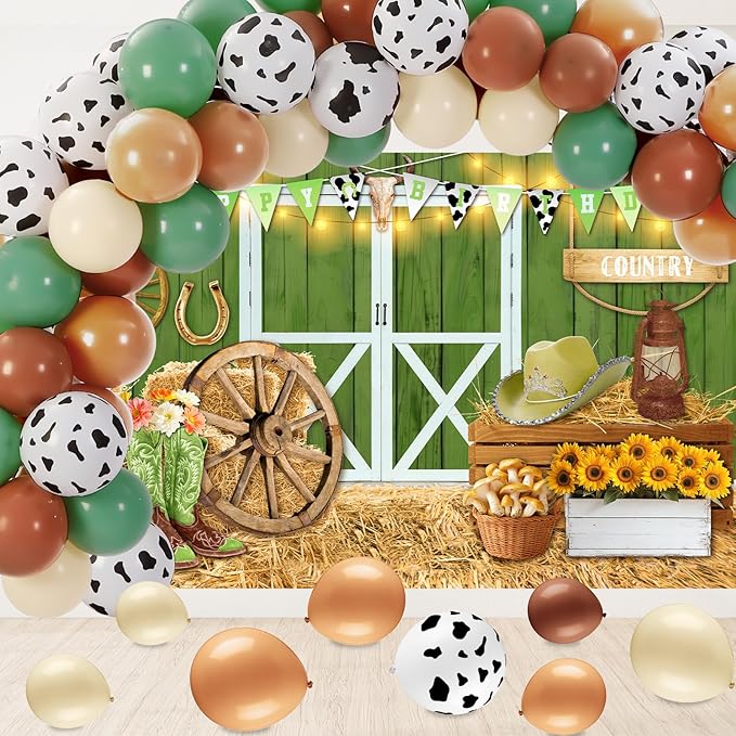 Cowgirl Birthday Party Supplies Western Party Decorations Includes 65pcs Cowgirl Balloons and 1pcs Western Backdrop for Cowboy Rodeo Birthday Country Decorations Supplies(Green)