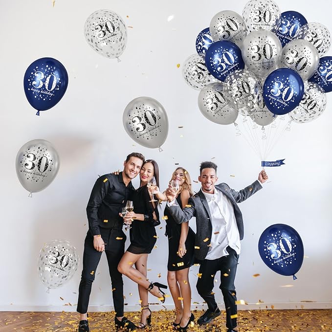 Blue Silver 30th Birthday Latex Balloons, Navy Blue Silver Happy 30th Birthday Party Decorations for Men, 15 Pcs 30th Balloons for Him Age 30 Years Old Birthday Celebration Party Decorations Supplies