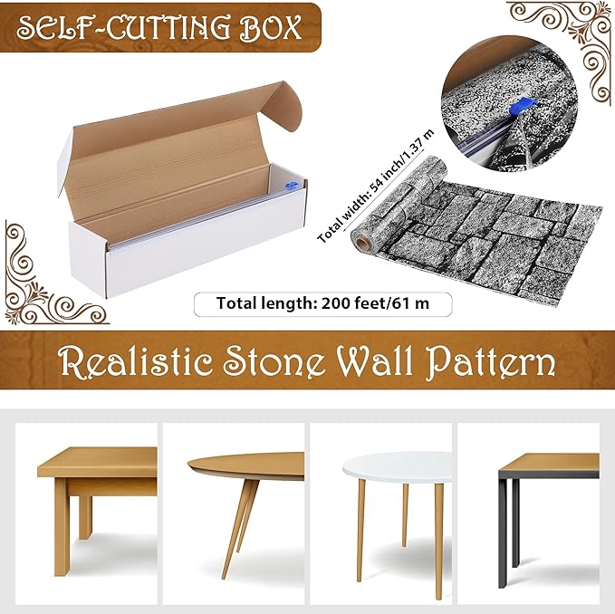 Kochorie 200 Ft X 54 Inch Stone Wall Tablecloth Roll with Cutter Box Disposable Plastic Stone Table Cover Medieval Stone Brick Table Cloth Dirt Floor Wall Backdrops for Farm Wedding Birthday Party