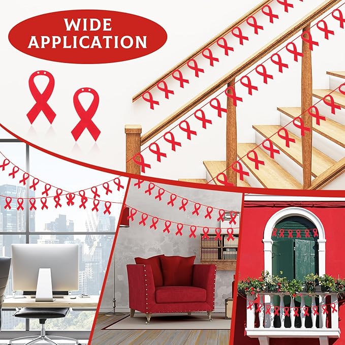 VitalCozy 10 Pcs Ribbon Awareness Banner 13.1 ft Ribbon Garland Cancer Awareness Decor Cancer Free Decorations for Society Events Groups Fundraisers Party Supplies(Red)