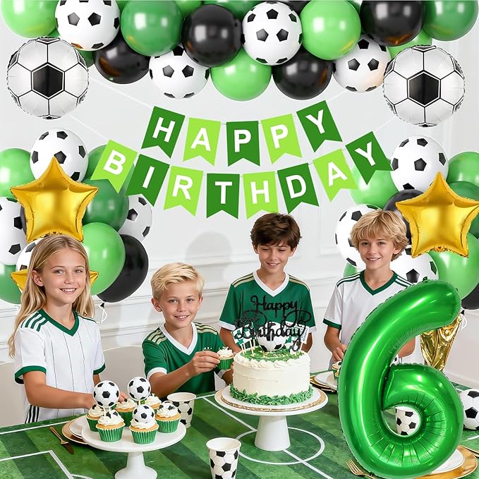 Soccer Birthday Party Decorations for Boys, 6th Soccer Party Decoration with Green Black White Balloons 'HAPPY BIRTHDAY' Banner Cake Toppers 32in Foil 6 Balloon for Boys Men Birthday Decor