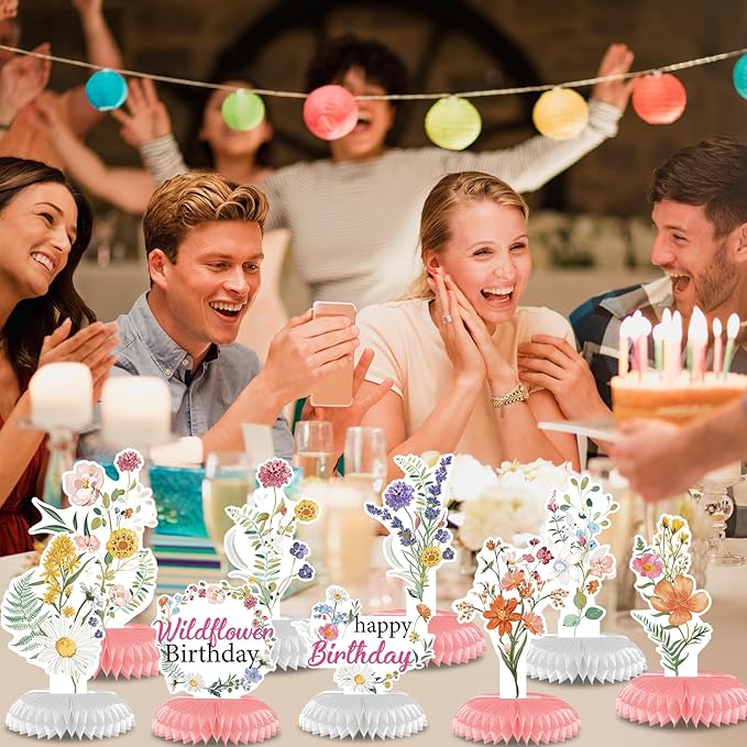 Flower Birthday Table Decorations - 9PCS Wildflower Spring Party Decor Supplies With Floral Honeycomb Centerpiece for Girls and Women