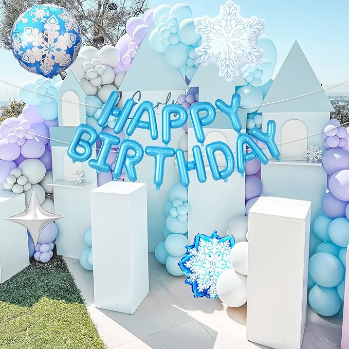 29PC Blue Winter Happy Birthday Balloon Banner, 16Inch 3D Aluminum Letter Banner Sign, White Metallic Blue Silver Snow Balloons 18 Inch Snowflake Foil Balloon for Frozen Party Decorations