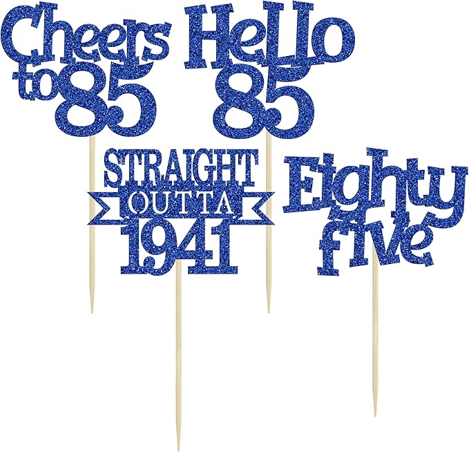 Ephlyn 24Pcs 85th Birthday Cupcake Toppers Glitter Straight Outta 1941 Cupcake Picks Hello 85 Cheers to 85 Years Cake Decorations for 85th Birthday Anniversary Party Decorations Supplies Blue