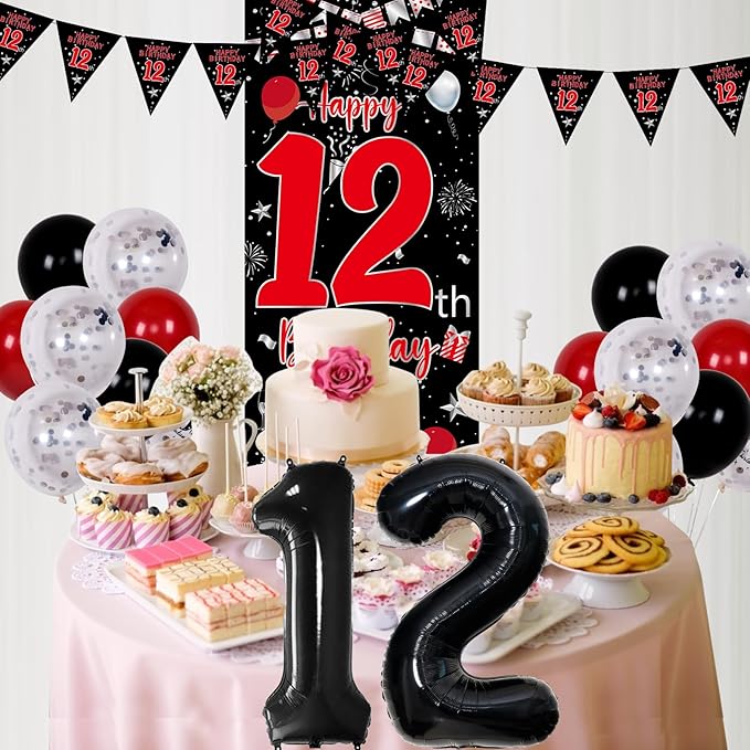12th Birthday Decorations Boy, Red Black Happy 12th Birthday Decorations for Boys Girls, 12 Year Old Birthday Door Banner, Triangle Flag, Large Number 12 Balloons Decor Boy Twelve Bday Party Supplies