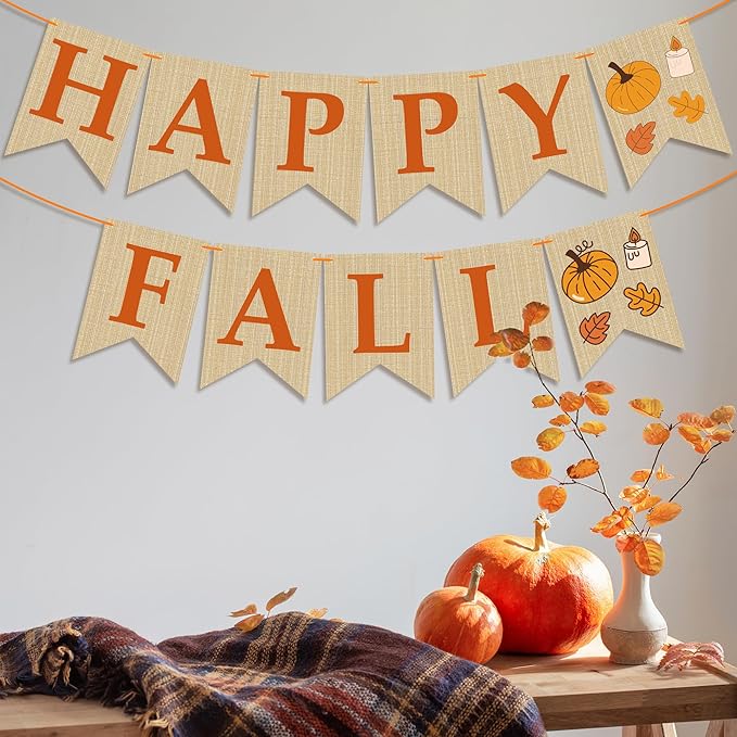 OHOME Fall Decorations for Home - Happy Autumn Pumpkin Banner for Indoor Outdoor | Maple Leaves Garland Backdrop for Outside - Hanging Party Favors Supplies for Birthday | Fall Decor