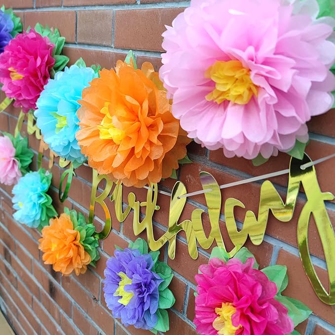 Mybbshower Colorful Fiesta Paper Flowers (9''-7'' Assorted) Set of 10 Outdoor Decoration Kids Birthday Carnival Rainbow Theme Party Backdrop Photo Booth Wall Decor