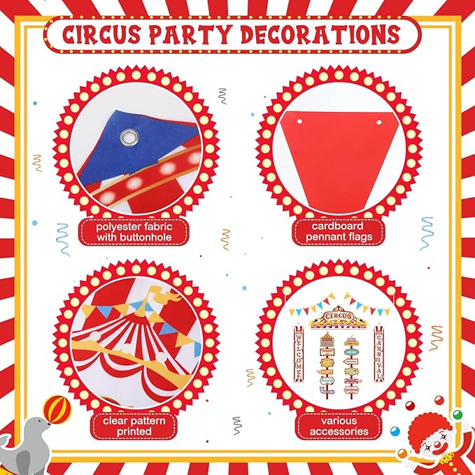 ShinyRelief 15 Pcs Circus Decorations Carnival Striped Awning Porch Banner Carnival Theme Directional Signs Welcome to the Circus for Birthday Party Supplies