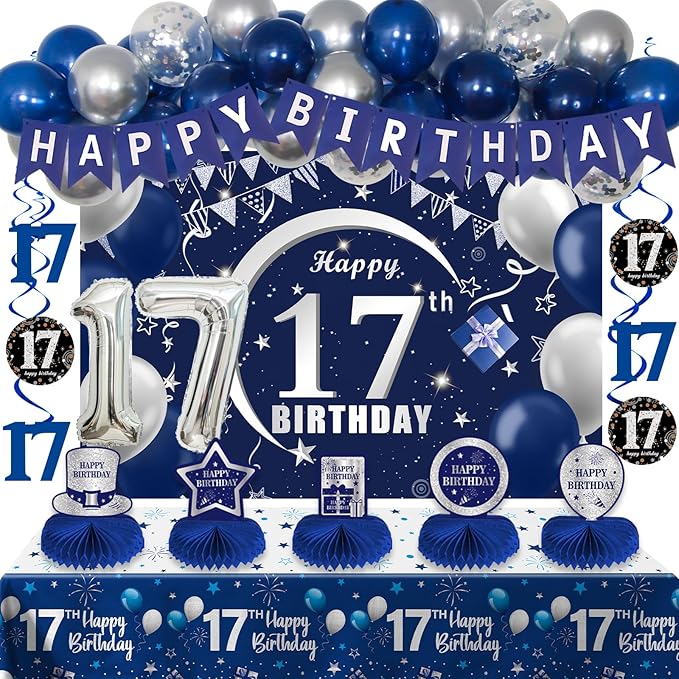 17th Birthday Decorations for Boys Girls, 54 PCS Happy 17 Balloon Numbers Set for Boys, Blue 17 Year Old Birthday Party Supplies with Bday Tablecloth Banner Honeycomb Centerpieces Hanging Swirls