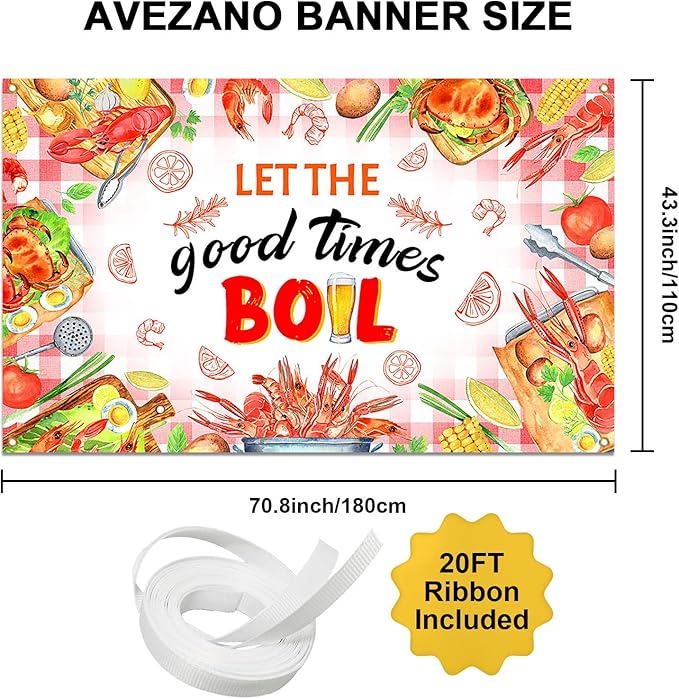 Avezano Crawfish Boil Backdrop Banner Let The Good Times Boil Party Supplies Seafood Theme Party Decorations for Birthday Baby Shower Family Summer Holidays 6 x 3.6 ft