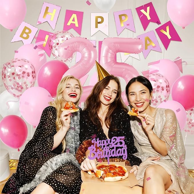 25th Birthday Decorations For Women, Pink Happy Birthday Party Decorations With Number 25 Balloons Pink Confetti Hot Pink Balloons Fringe Curtain Banner Cake Topper For 25th Party Supplies