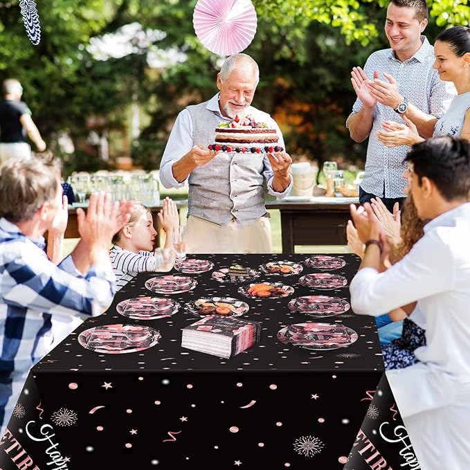 Zhehao 101 Pcs Retirement Party Tableware Set Black and Pink Happy Retirement Party Supplies Includes 50 Paper Plates, 50 Napkins and 1 Tablecloth for Men Women Say Goodbye