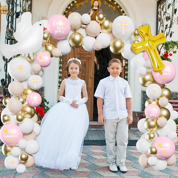 169 Pcs First Communion Decorations Balloons Kit Baptism Party Decorations Pink Metallic Gold Balloons Arch Kit First Holy Communion Decor for God Bless Christening Birthday Theme Party Supplies