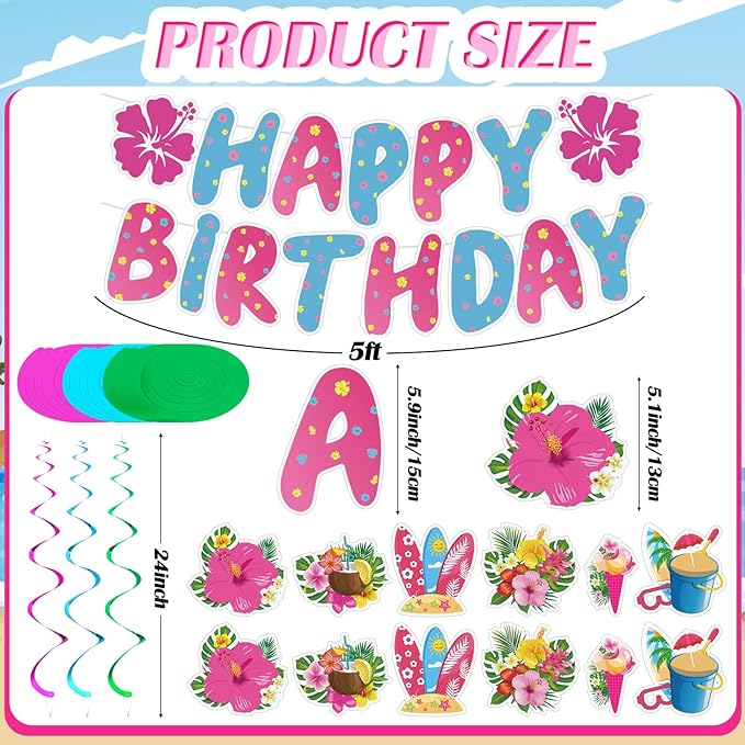 Hibiscus Birthday Party Decorations Happy Birthday Banner with Luau Hibiscus Flower Hanging Swirls Pink Blue Hawaiian Tropical Themed Party Supplies Tropical Luau Summer Decorations