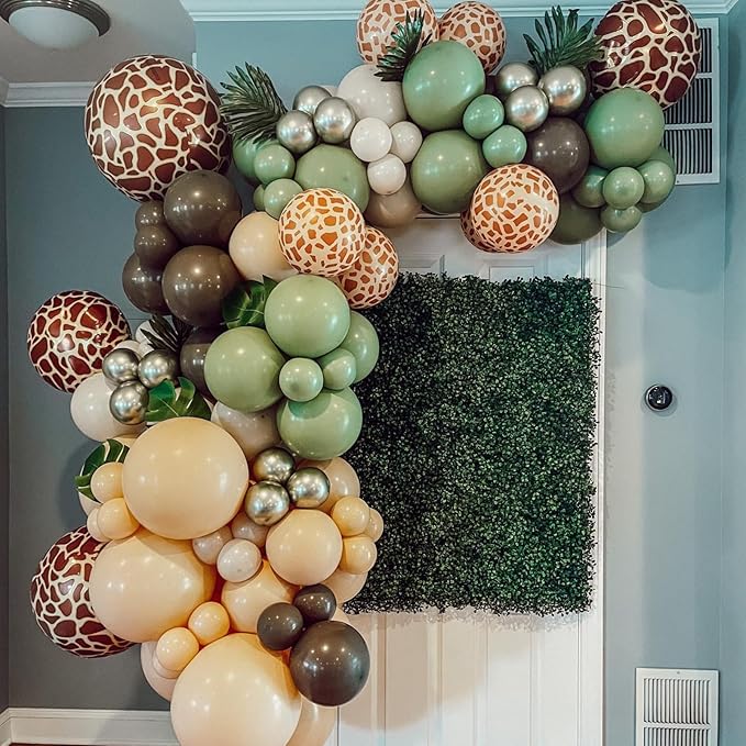 Jungle Balloons, Safari Balloons, Green Brown Balloons with Sage Green Brown Gold Ivory White Giraffe Printed Balloon for Boys Baby Shower Birthday Woodland Party Two Wild Decorations