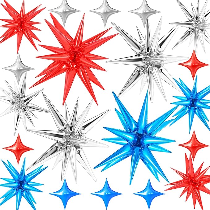 20 Pcs Star Balloons 27”22”Explosion Foil Balloons- Spike Balloon and Four Pointed Star Balloon for Party Supplies 4th of July Decorations Christmas Birthday Wedding Photo Booth (Silver Red Blue)