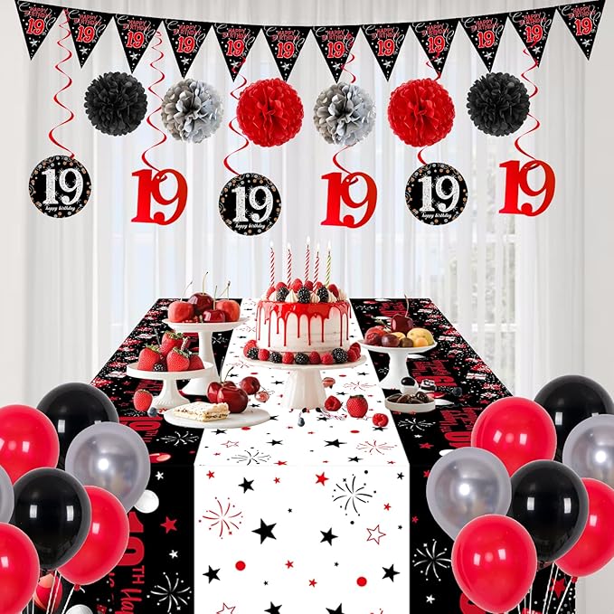 19th Birthday Decorations for Boys Men Girls, Happy 19th Birthday Banner Backdrop Red and Black, 19 Birthday Decorations Balloons Triangle Flag Tablecloth, 19 Year Old Boy Bday Party Supplies Decor