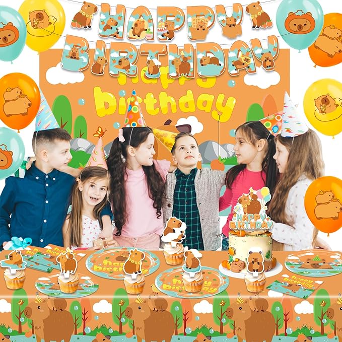 Capybara Birthday Decorations，Capybara Party Supplies，Capybara Party Decorations，Capybara Party Supplies Include Balloons,Backdrop,Banner, Cake Toppers，Tableware, Tablecloth