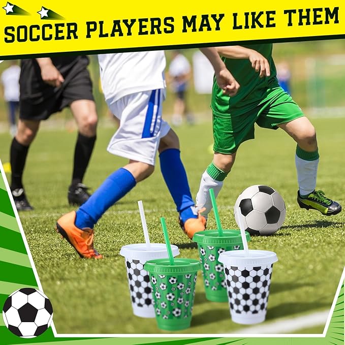 Sieral 30 Pcs Soccer Cups with Straws and Lids 16 oz Football Cups White Green Plastic Tumblers Reusable Iced Coffee Travel Mug for Sport Theme Party Supplies Decorations