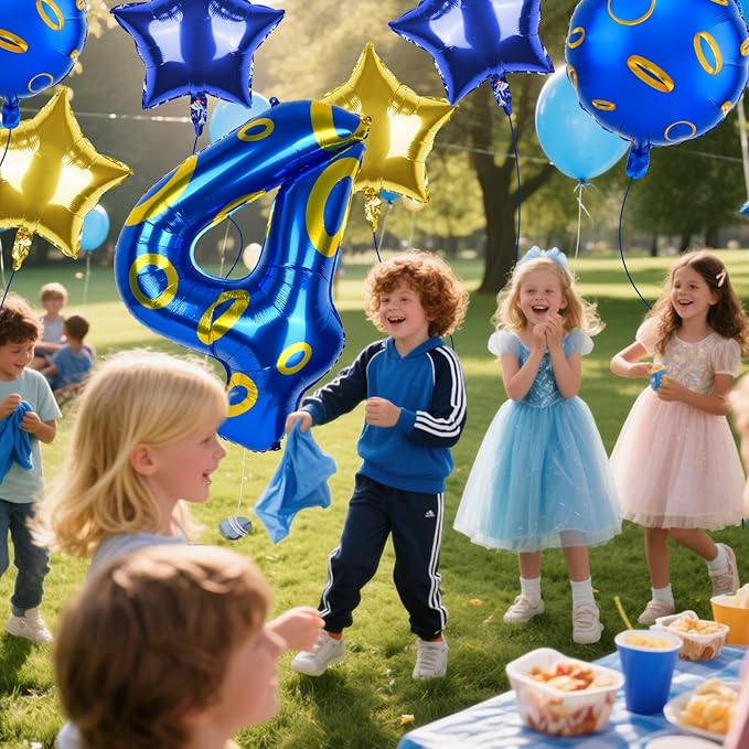 40 Inch Blue and Golden Ring Themed Number Balloon, Number Block Foil Number 4 Balloons Large Big Numbers Helium Balloon for Girls Boys 4th Birthday Theme Party Decorations (Number 4)