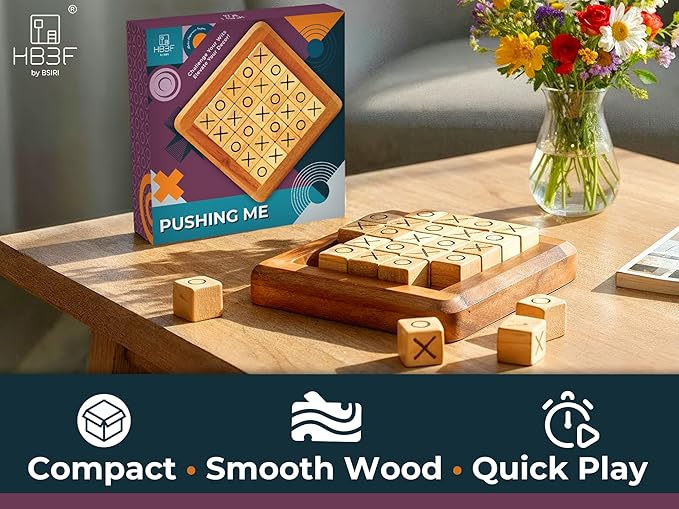 BSIRI Pushing Me Wooden Tic Tac Toe Game- Tabletop Board Games for Farmhouse Decor, Coffee Table Decor, Unique Gifts Fun Gifts for Adults. Perfect for Game Night, Table Games (5 Inch)