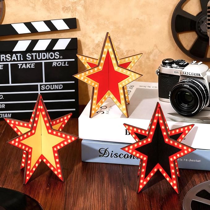 Star Centerpieces Movie Night Party Decorations 3D Star Movie Night Wooden Centerpieces Cinema Birthday Table Wooden Sign for Red Carpet Film Show Theme Birthday Party Favors Supplies
